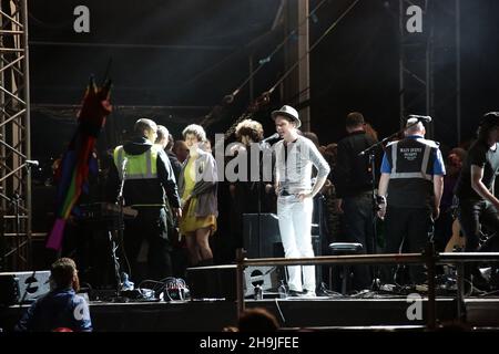 Belle and Sebastian invites the crowd onto the stage during their headline set on the final day of the 2016 Green Man festival in the Brecon Beacons in South Wales. Picture date: Sunday August 21, 2016. Photo credit should read: Richard Gray/ EMPICS Entertainment. Stock Photo