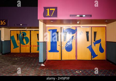 Movie theatre auditorium doors inside the AMC Interchange 30 Theatre during demolition. Vaughan, Ontario, Canada. This location has been demolished Stock Photo