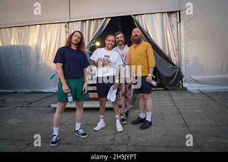 IDLES (left to right: Lee Kiernan, Joe Talbot, Mark Bowen, Adam Devonshire) posing for photos before going on stage at the 2018 Electric Castle Festival, which takes place in the grounds of Banffy Castle in Bontida, near the town of Cluj, Transylvania, Romania. Photo date: Friday, July 20, 2018. Photo credit should read: Richard Gray/EMPICS Stock Photo