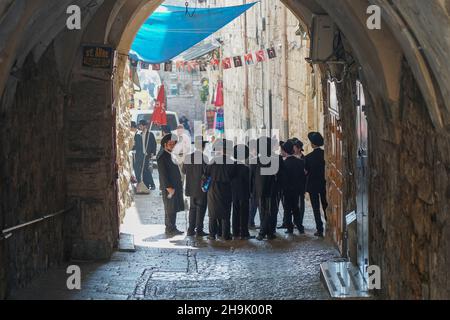 A group of traditionally dressed Jews in the Old City of Jerusalem. From a series of travel photos taken in Jerusalem and nearby areas. Photo date: Wednesday, August 1, 2018. Photo credit should read: Richard Gray/EMPICS Stock Photo