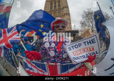 Joseph Afrane outside the UK Houses of Parliament in London ahead of the second so-called significant vote in House of Commons on Theresa May's revised EU Withdrawal (Brexit) Agreement. Photo date: Tuesday, March 12, 2019. Photo credit should read: Richard Gray/EMPICS Stock Photo