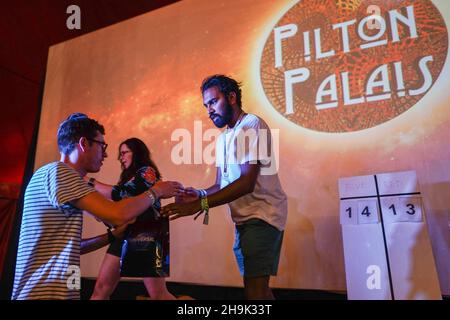 Himesh Patel, who plays Jack Malik in Yesterday, introducing a screening of the film at Pilton Palais Cinema on Day 4 (Saturday) of the 2019 Glastonbury Festival at Worthy Farm in Somerset. Photo date: Saturday, June 29, 2019. Photo credit should read: Richard Gray/EMPICS Entertainment Stock Photo