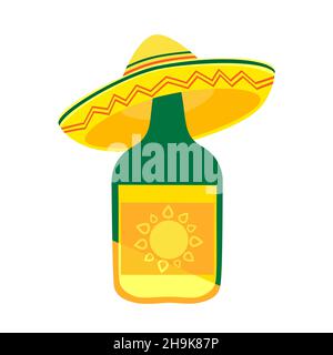 Tequila alcohol bottle sombrero top Stock Vector