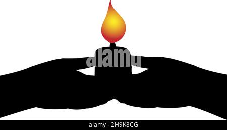 Silhouettes of hands holding burning candle. Stock Vector