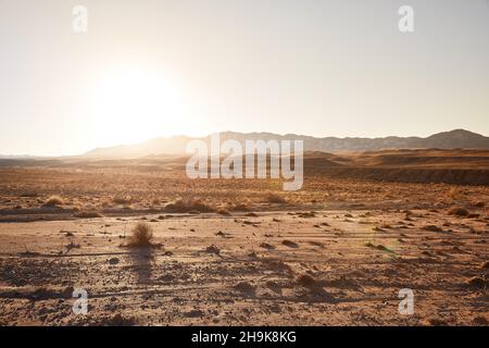 Landscape of desert mountains at sunset in Southern Kazakhstan Stock Photo