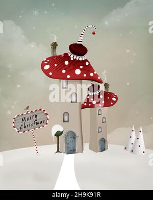 Fantasy christmas landscape with bizarre mushroom Stock Photo