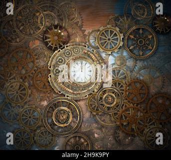 Rusty steampunk background with clock and different kinds of gears Stock Photo