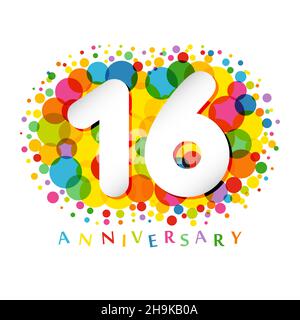 16 th anniversary numbers. 16 years old coloured congrats. Cute congratulation concept. Isolated abstract graphic design template. 3 D art white digit Stock Vector