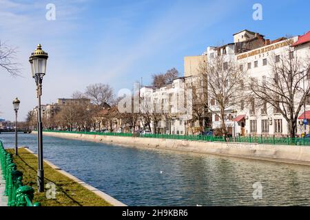 Bucharest, Romania, 13 February 2021 - Landscape with large old trees and old buildings near Dambovita river and clear blue sky in the center of Bucha Stock Photo