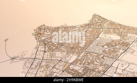 Satellite view of Kuwait city, Kuwait. Streets and buildings, map, city on the south shore of Kuwait Bay on the Persian Gulf. 3d rendering Stock Photo