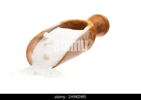 sugar, granulated sugar, bushel, bucket, bunch, white, background, sweet, pure, wooden scoop, alone, isolated, optional, ground, ingredient, raw mater Stock Photo