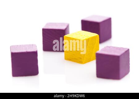 cubes, yellow, violet, color contrast, white, purple, several, background, many, four, side by side, square, isolated, optional, wooden blocks, contra Stock Photo
