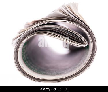 Newspaper, roll, news, rolled, paper, white, background, together, bound, press, communication, pages, daily, unsubscribe, beautiful, front, look thro Stock Photo