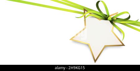EPS 10 vector illustration of green colored ribbon bow and gift band with shape of a golden star pendant for christmas greetings isolated on white bac Stock Vector