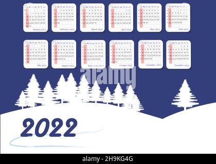 2022 table calendar with winter landscape and trees. Week starts on Sunday Stock Vector