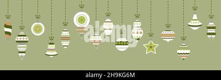 eps vector illustration with different vintage elegant christmas tree baubles with ornaments and festive decorations colored green Stock Vector