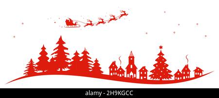 eps vector illustration with silhouette of Santa Claus with sleigh and reindeer over a church, village and trees isolated on white background for chri Stock Vector