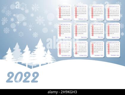 2022 table calendar with winter landscape, snowy  trees and snowflakes. Week starts on Sunday. Stock Vector