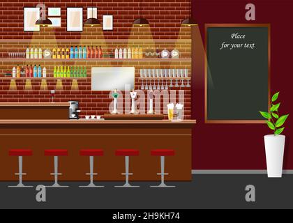 Empty bar counter in in the background with green board ready for your text. Stock Vector