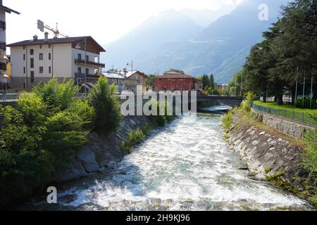 Dora Baltea River and Aosta cityscape in Aosta Valley, Italy Stock Photo