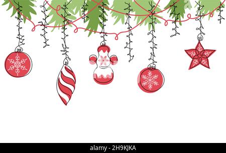 Christmas vector color border. Xmas decorations, christmas tree toys background. Seamless vector border with ornaments. One continuous line art Stock Vector