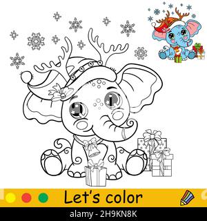 Cute elephant in a Christmas hat with presents. Cartoon elephant character. Vector isolated illustration. Coloring book with colored exemple. For card Stock Vector