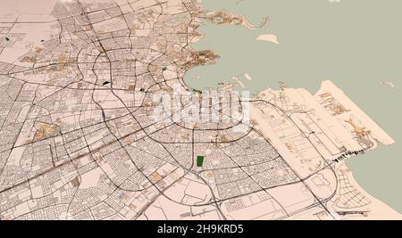 Satellite view Doha, Qatar. Map of the capital. Streets and state buildings. 3d rendering Stock Photo