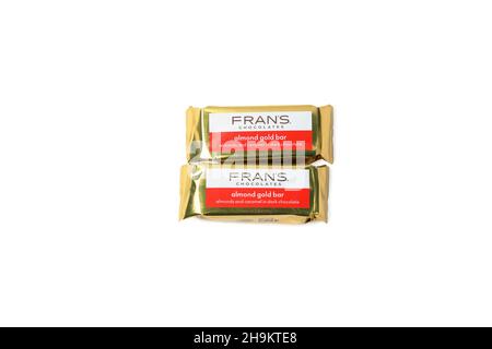 Fran's Chocolates Almond Gold Bars isolated on a white background. Almonds and caramel covered in dark chocolate. Stock Photo