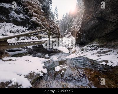 Cold early winter mountain forest landscape in Slovakia Tatry mountain. Small creek flowing down and washing the huge boulders on its way. First sun r Stock Photo