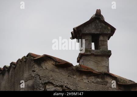 Typical old chimney on an old Croatian house, up close. Stock Photo