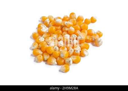 Corn kernels isolated on white background, top view of group of corn kernels. Stock Photo
