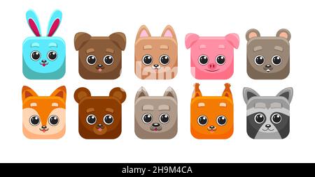 Set of cute cartoon square animals ui. Vector zoo stickers in flat style isolated on white background. Stock Vector