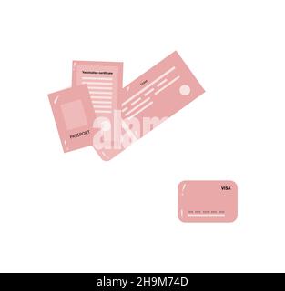 A set with the image of the most necessary documents for travel and trip in the new year in soft pink colors. Such as passport or payment card and transport ticket and vaccination certificate. life style. Out door. Vector illustration Stock Vector