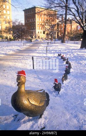 Santa Hats on the Make Way For Ducklings Statues, Boston Garden, Boston, Massachusetts, USA Stock Photo