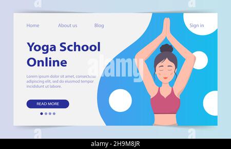 Yoga classes online. Landing page. Web site yoga school. A pretty European girl shows an asana. Yoga training via the Internet. Vector illustration. Stock Vector