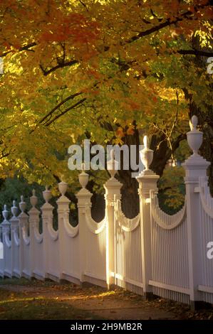 Elaborate White Picket Fence with Fall Foliage, Old First Church, Bennington, Vermont, USA Stock Photo