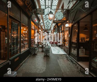 Interior of Passage des Panoramas - the oldest covered passages of Paris. Passage was opened in 1800. PARIS, FRANCE Stock Photo