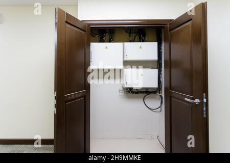 Electric control panel enclosure for power and distribution electricity. Uninterrupted, electrical voltage. Stock Photo