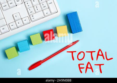 Handwriting text Total Fat. Business concept combined value of the different types of fat shown at the label Stack of Sample Cube Rectangular Boxes On Stock Photo