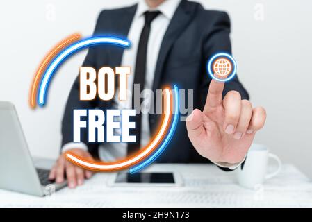 Conceptual display Bot Free. Business concept a computer program that works automatically Internet robots Remote Office Work Online Smartphone Voice Stock Photo