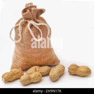 Fresh Peanuts in sack over white background Stock Photo