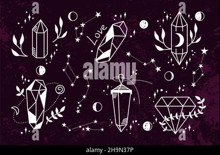 Crystal mystic witch magic symbol doodle set. Astrology, esoteric, boho elements, magic witchcraft crystals icon, tarot cards. Trendy minimalist sign fantasy occult vector dark background grunge Stock Vector