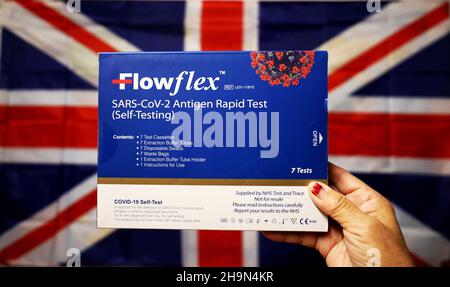 London, UK. 7th Dec, 2021. Photo taken on Dec. 7, 2021 shows a COVID-19 rapid test kit in London, Britain. A further 101 cases of the Omicron COVID variant have been reported in Britain, taking the total to 437, British health authorities confirmed Tuesday. Credit: Li Ying/Xinhua/Alamy Live News Stock Photo