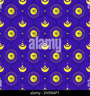 Ornament with eyes, sun and moon. The pattern is esoteric, mystical on a blue background. Stock Vector