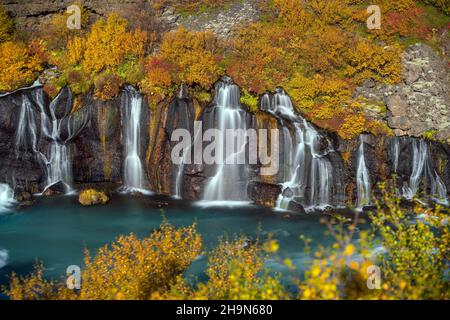 Hraunfossar waterfall in Iceland. Autumn colorful landscape Stock Photo