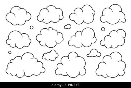 Cloud black line set. Climate weather cloudy icon. Blank form web storage meteorology database. Cartoon sign simple news dialogue banner. Fill sticker image software thin stroke isolated on white Stock Vector