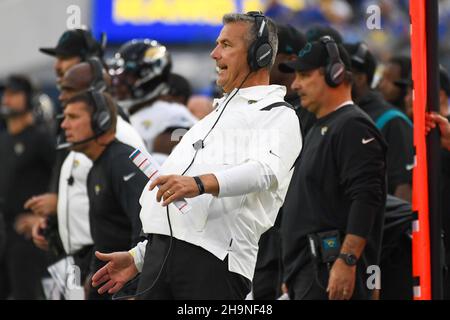 Jacksonville Jaguars head coach Urban Meyer reacts during an NFL game against the Los Angeles Rams, Sunday, Dec. 5, 2021, in Inglewood, Calif. The Ram Stock Photo