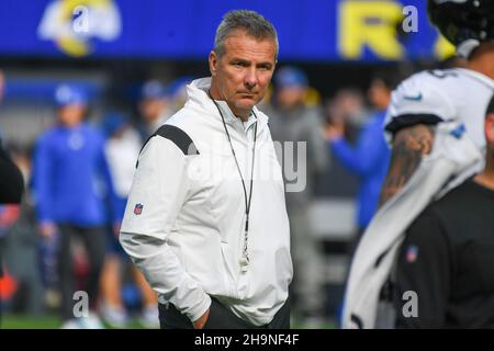 Jacksonville Jaguars head coach Urban Meyer before an NFL game against the Los Angeles Rams, Sunday, Dec. 5, 2021, in Inglewood, Calif. The Rams defea Stock Photo