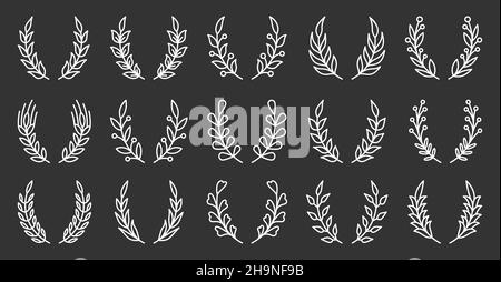Natural wreath leafy object winner white line set. Plant pattern award success. Heraldic vintage badge frame tattoo. Spring summer invitation card logo. Circular shape achievement isolated on black Stock Vector