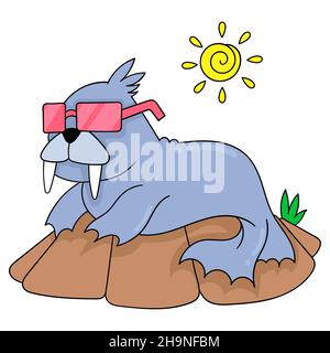 sea lions are on vacation tanning in the sun, vector illustration art. doodle icon image kawaii. Stock Vector